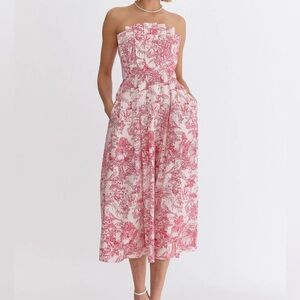 entro Strapless Toile-Print Midi Dress in Pink and White